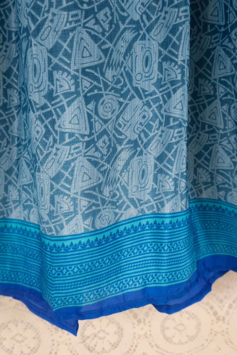 Rosemary Maxi Dress -Vintage Indian Sari - Ocean Blue Abstract Print - Size XXS