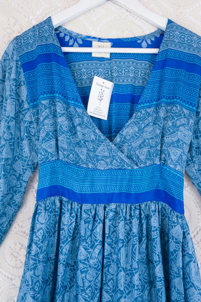 Rosemary Maxi Dress -Vintage Indian Sari - Ocean Blue Abstract Print - Size XXS