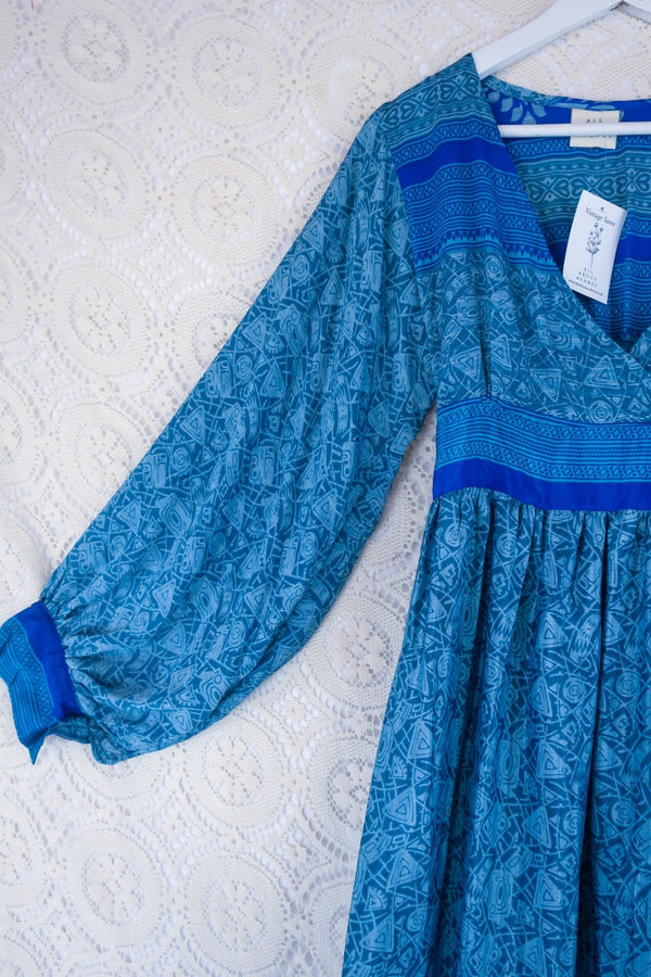 Rosemary Maxi Dress -Vintage Indian Sari - Ocean Blue Abstract Print - Size XXS