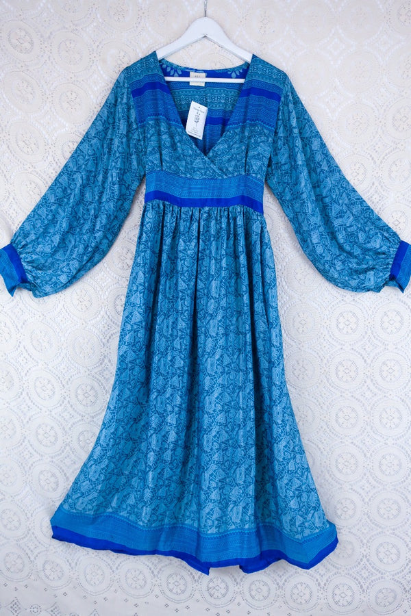 Rosemary Maxi Dress -Vintage Indian Sari - Ocean Blue Abstract Print - Size XXS by all about audrey