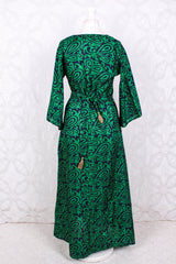 Jasmine Maxi Dress - Bright Emerald, Navy & Fuchsia Paisley Vintage Sari - Size S/M