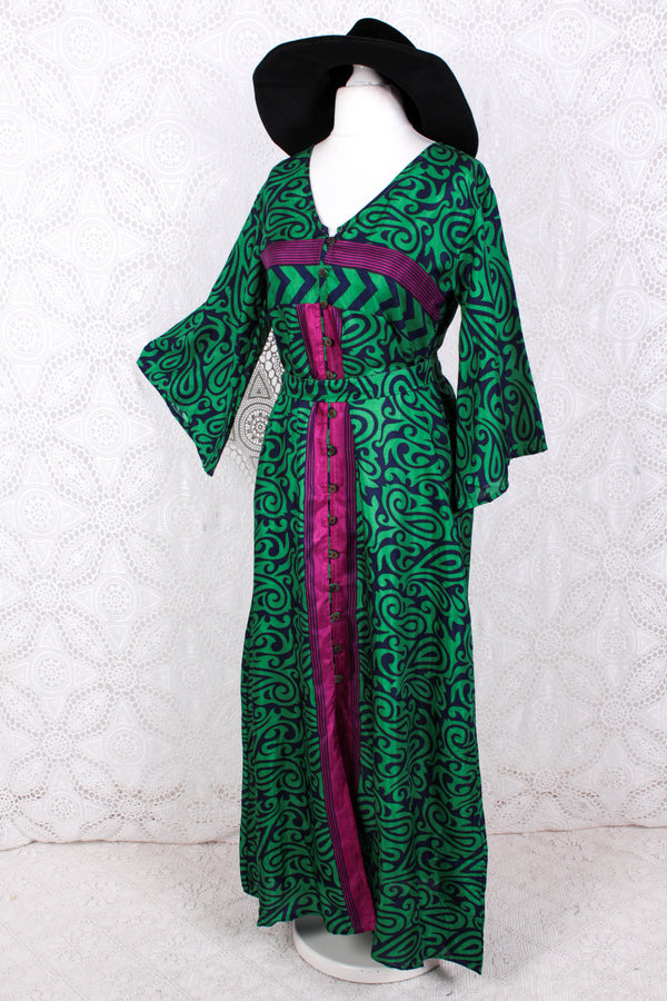 Jasmine Maxi Dress - Bright Emerald, Navy & Fuchsia Paisley Vintage Sari - Size S/M