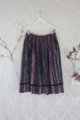70's Vintage Skirt - Charcoal, Bright Pink & Sky Blue Floral - S