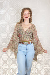 Gemini Wrap Top - Vintage Cotton Sari - Magenta Zig Zag With a Forest Green Back - S/M