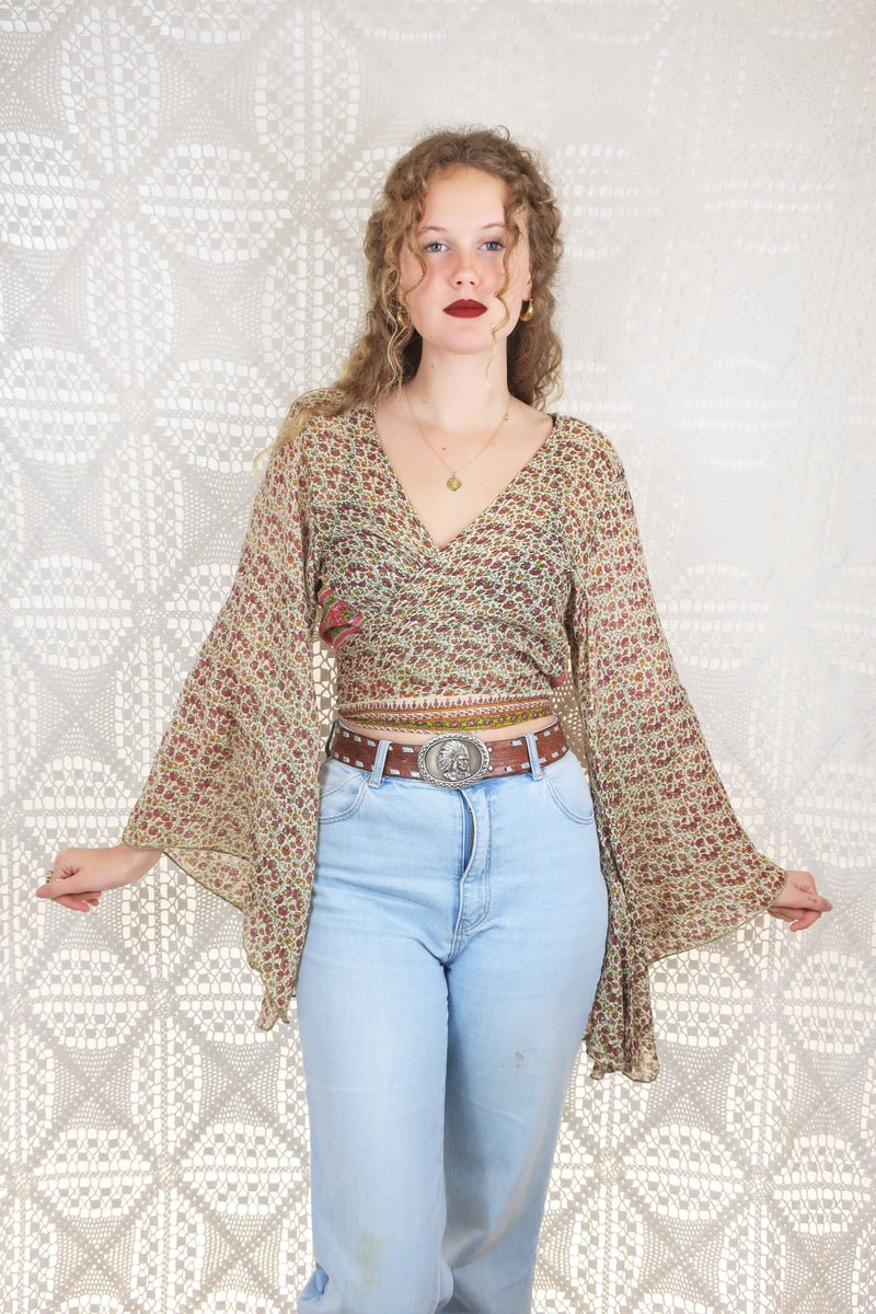 Gemini Wrap Top - Vintage Cotton Sari - Magenta Zig Zag With a Forest Green Back - S/M