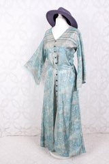SALE Jasmine Maxi Dress - Baby Blue & Ivory Flora Nouveau Vintage Sari - Size S/M