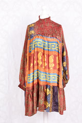 Mona Mini Dress - Vintage Indian Sari - Red, Cobalt & Bright Yellow Paisley - Free Size