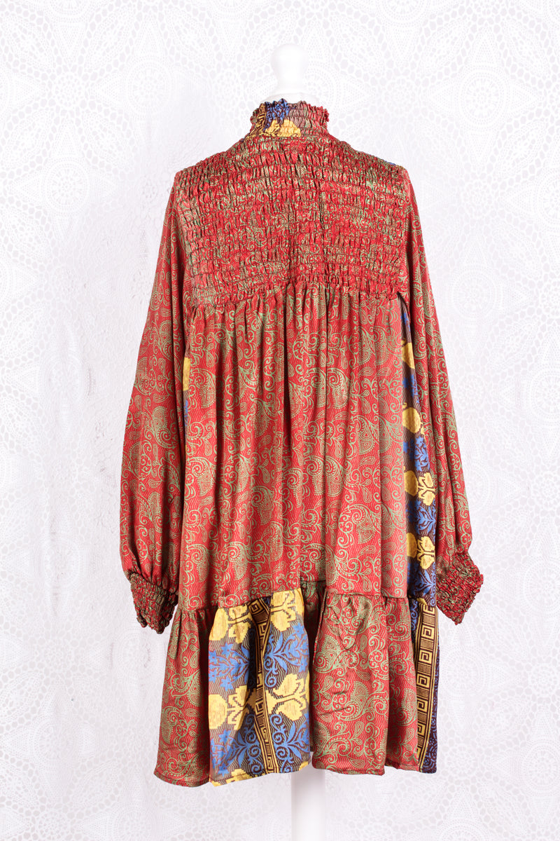 Mona Mini Dress - Vintage Indian Sari - Red, Cobalt & Bright Yellow Paisley - Free Size