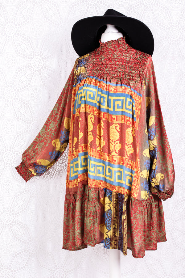 Mona Mini Dress - Vintage Indian Sari - Red, Cobalt & Bright Yellow Paisley - Free Size