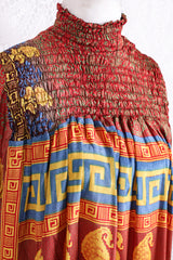 Mona Mini Dress - Vintage Indian Sari - Red, Cobalt & Bright Yellow Paisley - Free Size