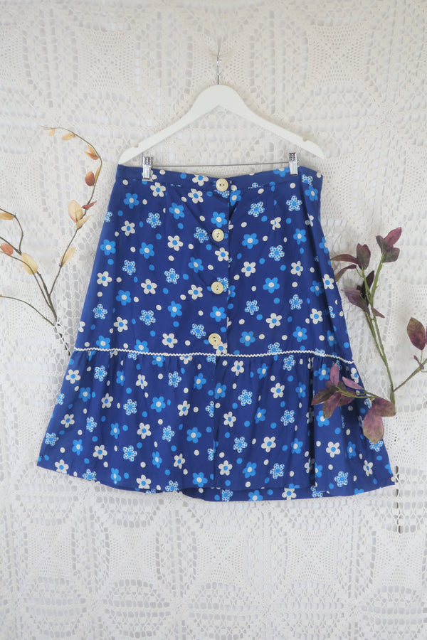 70's Vintage Skirt - Azure & Sky Blue Polka Dot Floral - L