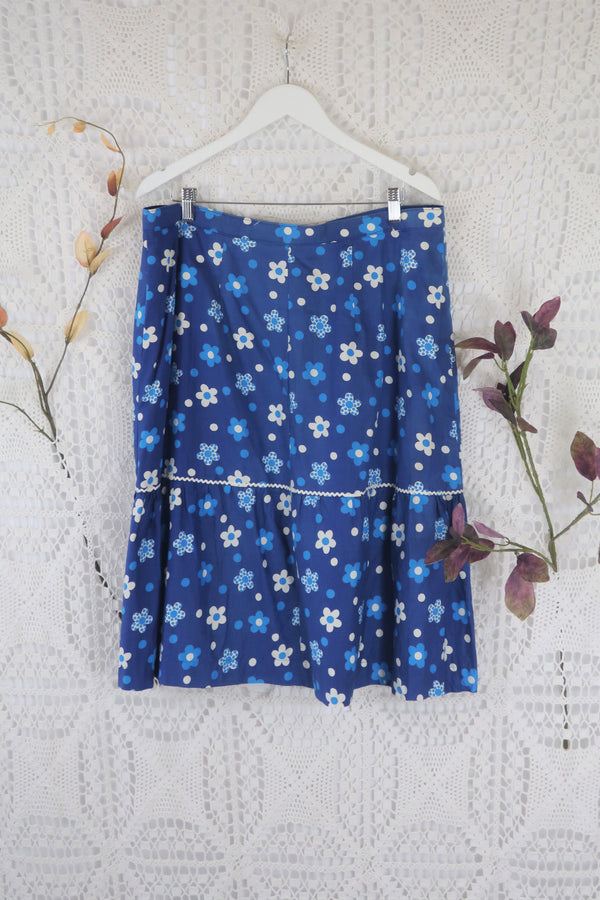 70's Vintage Skirt - Azure & Sky Blue Polka Dot Floral - L