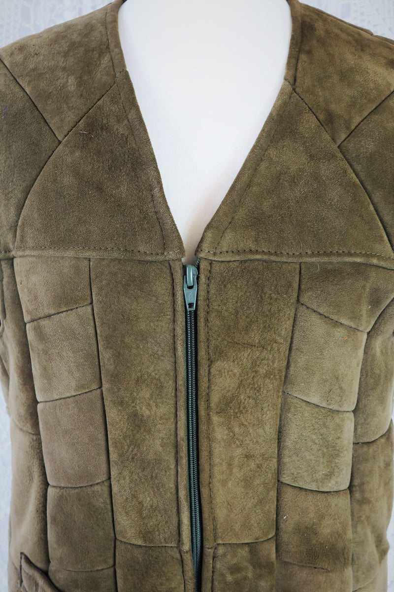 70's Vintage Waistcoat - Ginger Suede with Faux Fur Lining - Size S/M