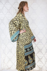 SALE Kahlo Kimono - Dark Chocolate & Tan Victorian Floral Sari - S/M