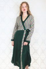 Vintage Housecoat / Wrap Dress - Green & Colourful Stripes - Size XS/S