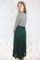 Vintage Housecoat / Wrap Dress - Green & Colourful Stripes - Size XS/S
