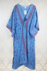 Aquaria Robe Dress - Vintage Indian Silky Sari - Sky Blue & Purple Floral - S/M
