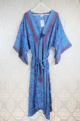 Aquaria Robe Dress - Vintage Indian Silky Sari - Sky Blue & Purple Floral - S/M