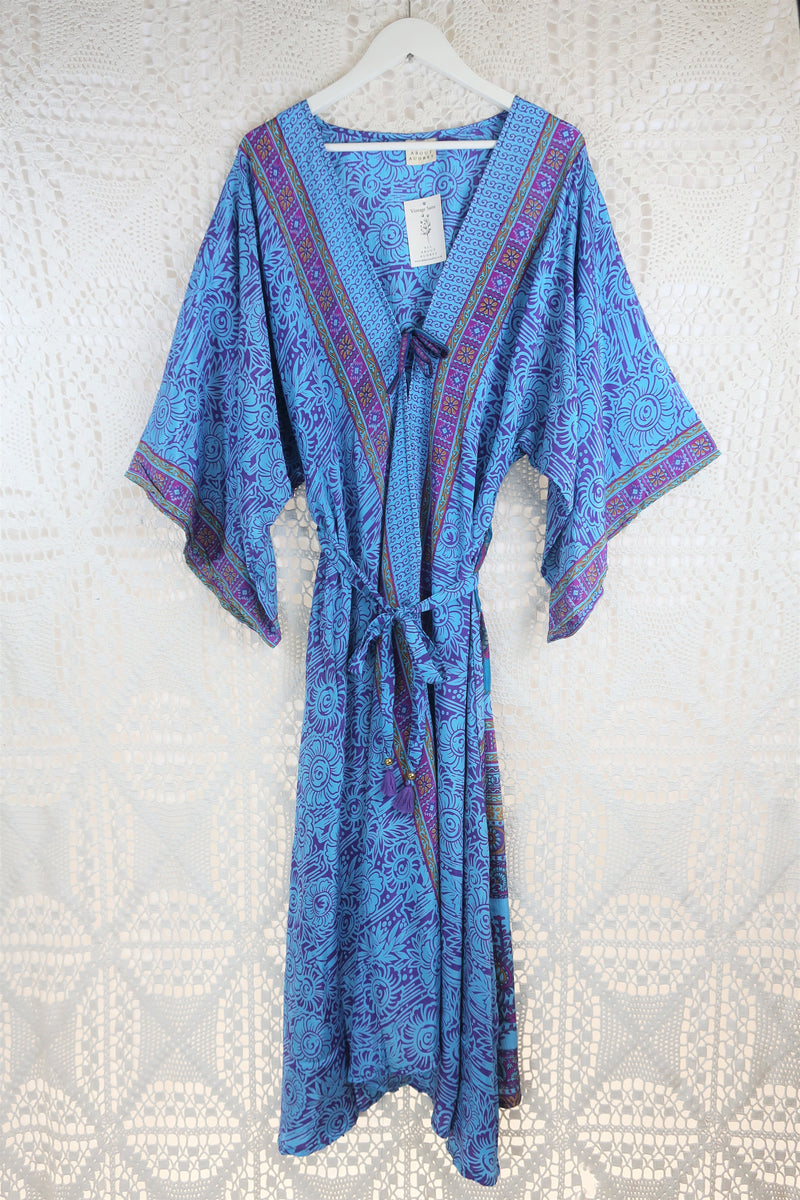 Aquaria Robe Dress - Vintage Indian Silky Sari - Sky Blue & Purple Floral - S/M