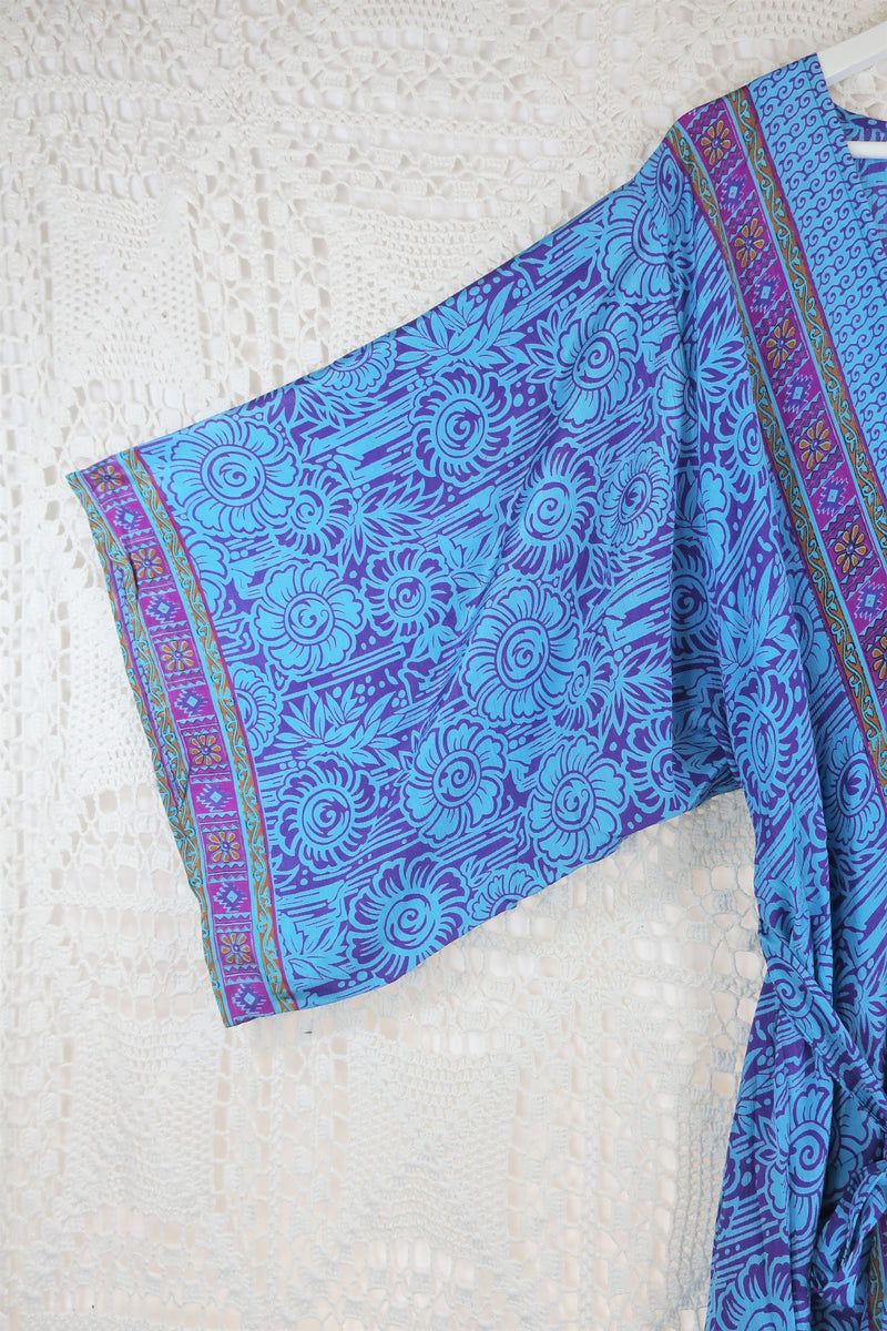 Aquaria Robe Dress - Vintage Indian Silky Sari - Sky Blue & Purple Floral - S/M