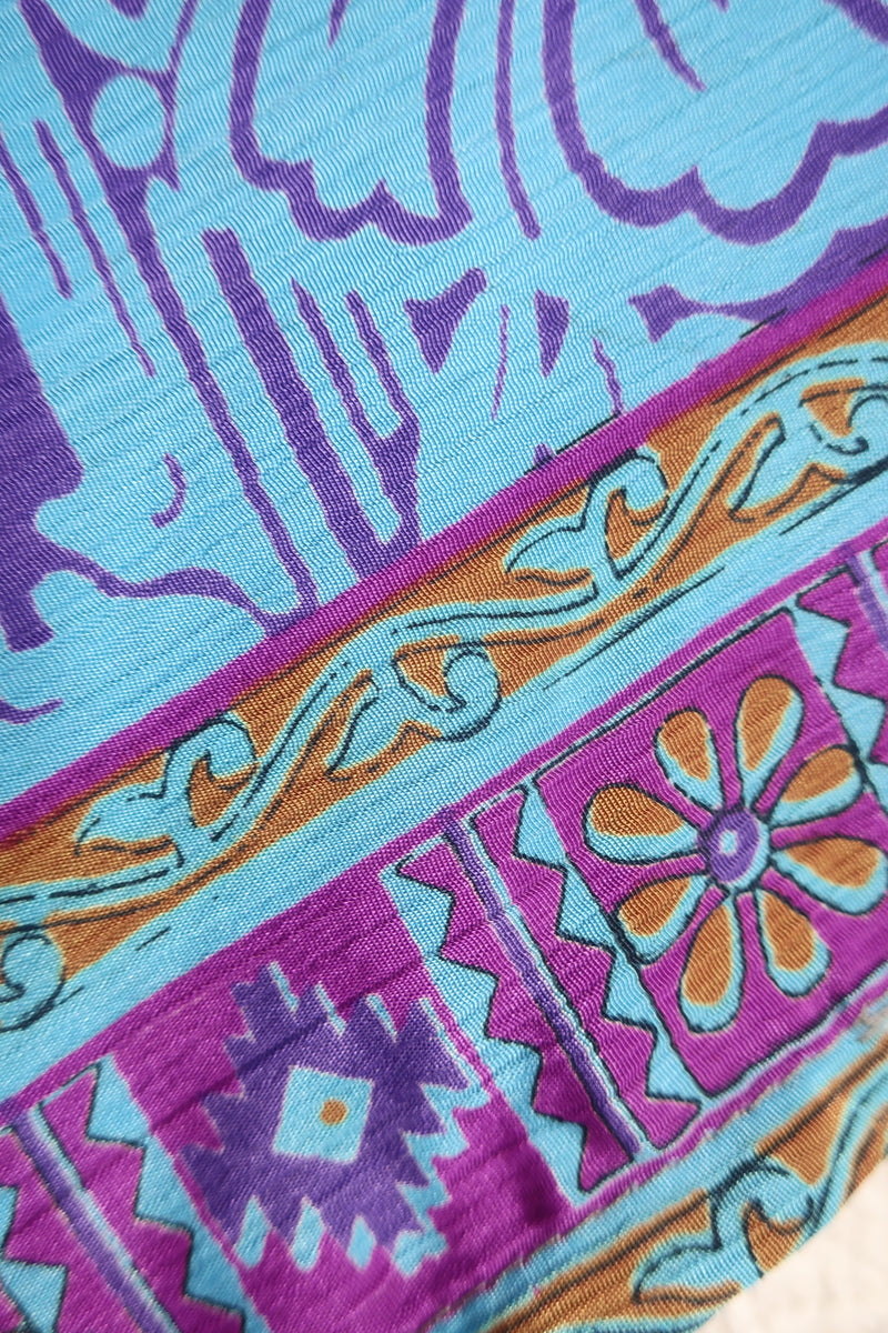 Aquaria Robe Dress - Vintage Indian Silky Sari - Sky Blue & Purple Floral - S/M