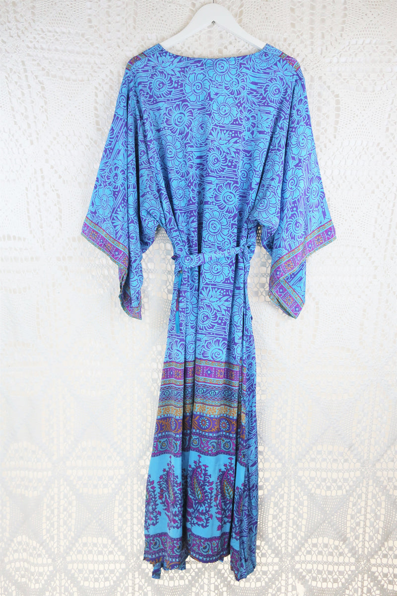 Aquaria Robe Dress - Vintage Indian Silky Sari - Sky Blue & Purple Floral - S/M