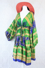 Gypsophila Mini Dress - Vintage Indian Sari - Green, Navy & Gold - Free Size