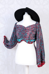 Ariel Top - Vintage Indian Sari - Blue & Cherry Floral - S/M