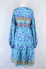 Gypsophila Mini Dress - Vintage Indian Sari - Aquamarine & Violet - Free Size