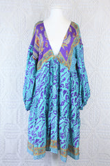 Gypsophila Mini Dress - Vintage Indian Sari - Aquamarine & Violet - Free Size