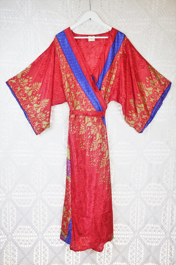 Aquaria Robe Dress - Vintage Indian Silky Sari - Red & Carnival Blue - S/M
