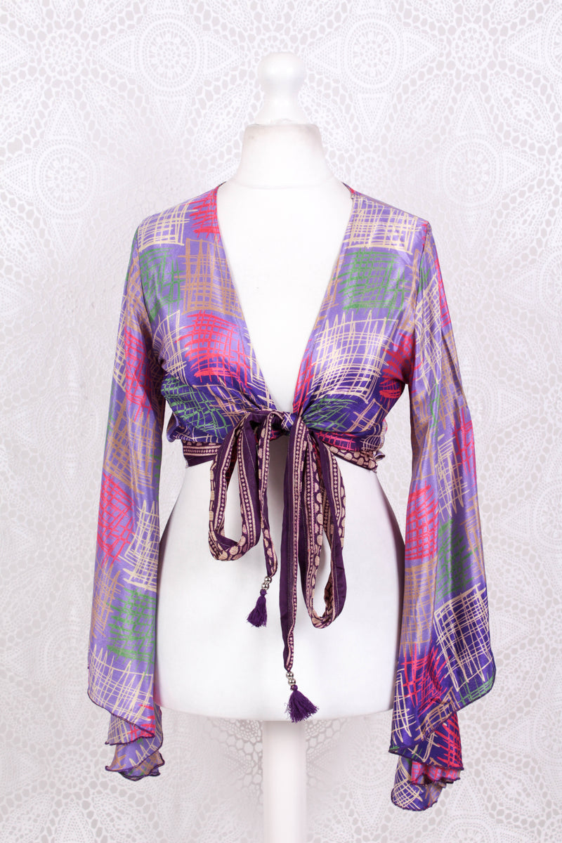 Gemini Wrap Top -  Vintage Sari - Lavender & Violet Graphic - S/M