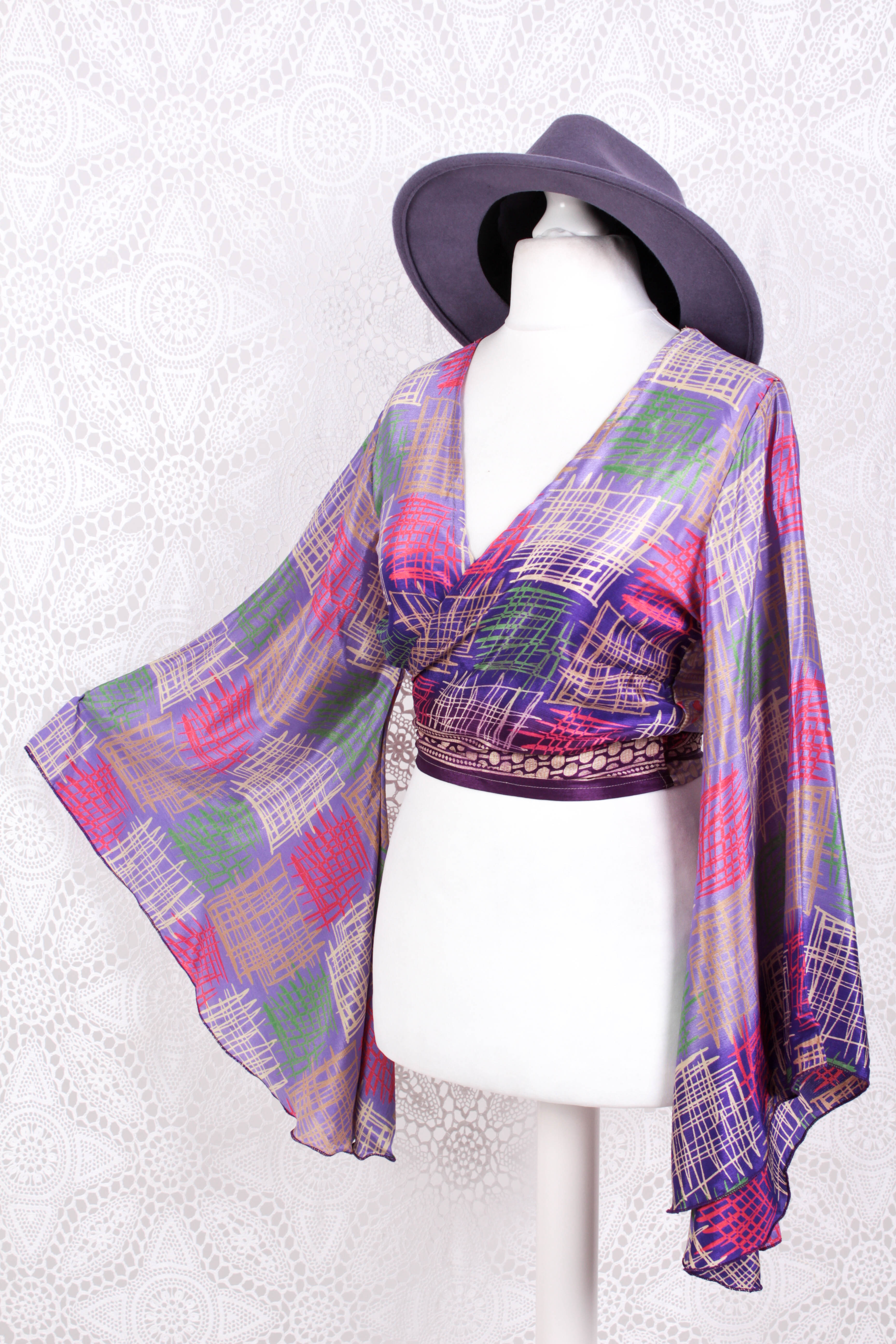 Gemini Wrap Top -  Vintage Sari - Lavender & Violet Graphic - S/M