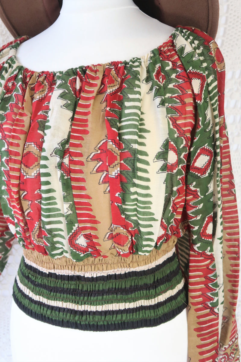 Scorpio Top - Vintage Indian Cotton - Forest, Berry & Peanut Graphic  - Free Size