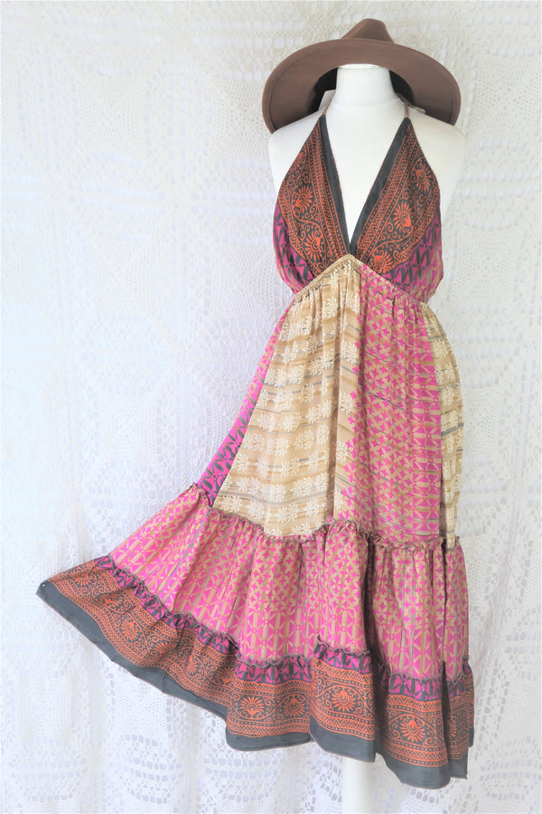 Cherry Midi Dress - Vintage Indian Sari - Pink & Earth Toned Patchwork - Free Size S/M