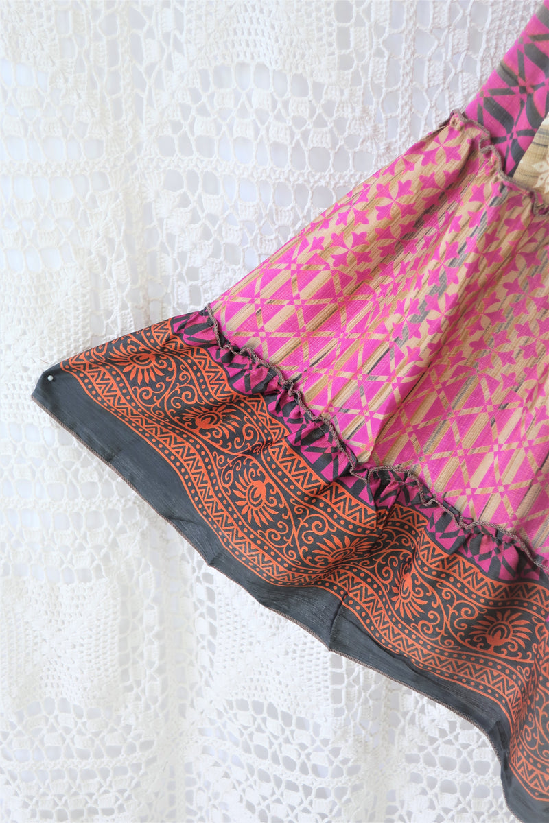 Cherry Midi Dress - Vintage Indian Sari - Pink & Earth Toned Patchwork - Free Size S/M
