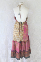 Cherry Midi Dress - Vintage Indian Sari - Pink & Earth Toned Patchwork - Free Size S/M