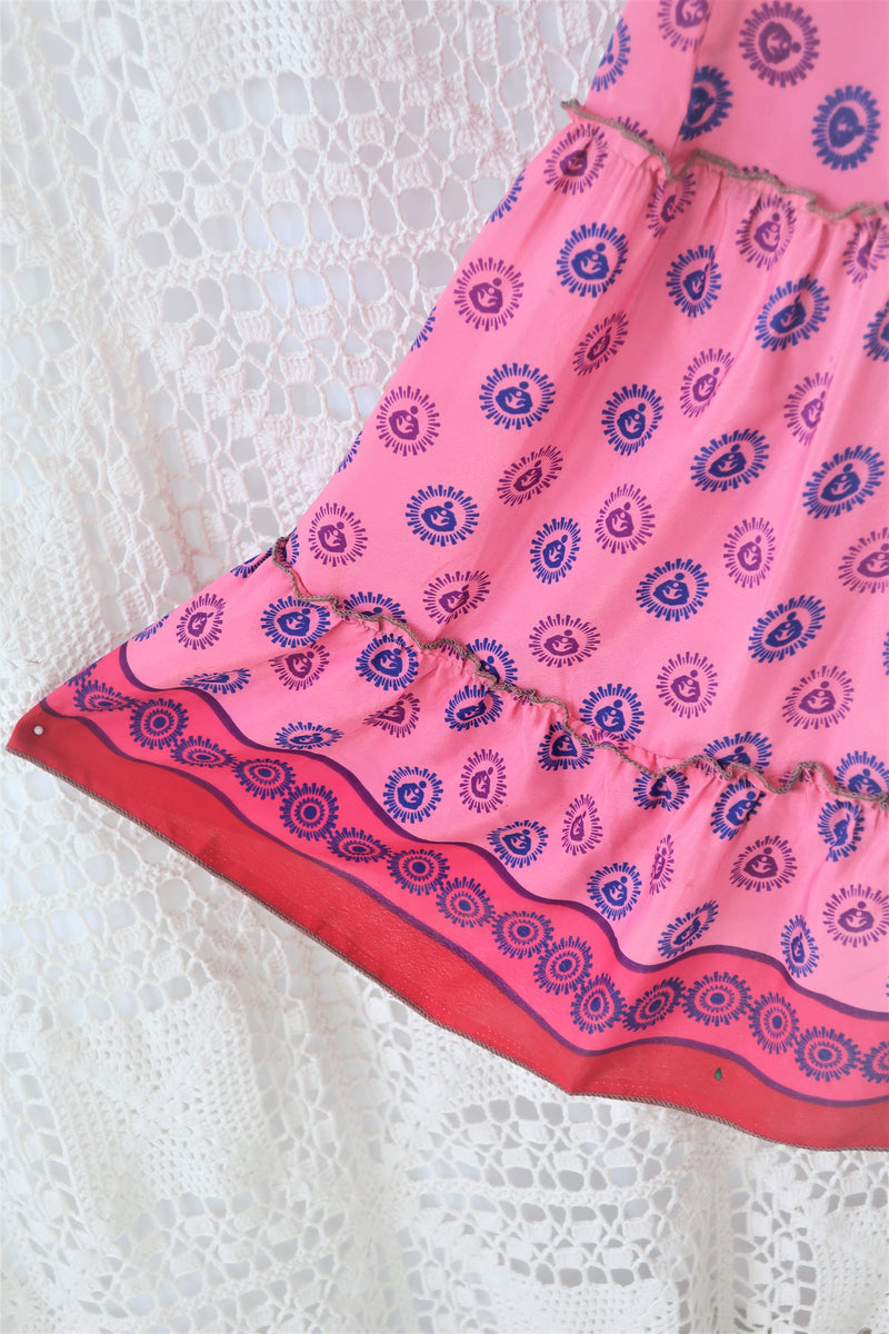 Cherry Midi Dress - Vintage Indian Sari - Bubblegum & Indigo Polka Dot - Free Size