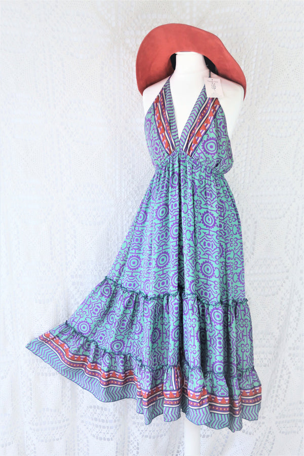 Cherry Midi Dress - Vintage Indian Sari - Seafoam, Sienna & Violet Tile Print - Free Size