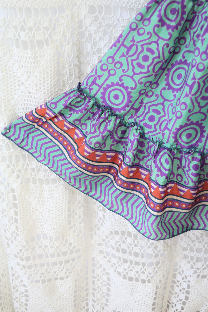 Cherry Midi Dress - Vintage Indian Sari - Seafoam, Sienna & Violet Tile Print - Free Size