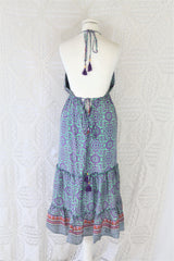 Cherry Midi Dress - Vintage Indian Sari - Seafoam, Sienna & Violet Tile Print - Free Size