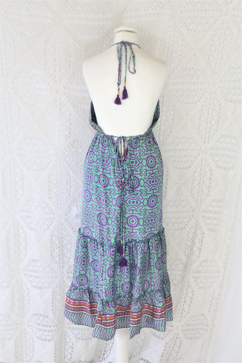 Cherry Midi Dress - Vintage Indian Sari - Seafoam, Sienna & Violet Tile Print - Free Size
