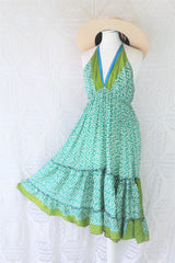 Cherry Midi Dress - Vintage Indian Sari - Sea Green & Lime Tile Print - Free Size