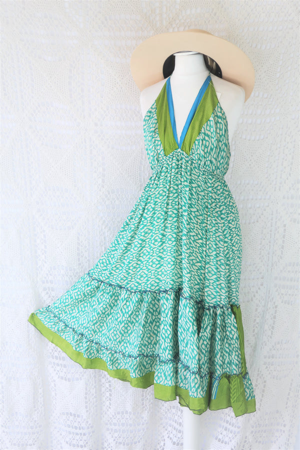 Cherry Midi Dress - Vintage Indian Sari - Sea Green & Lime Tile Print - Free Size