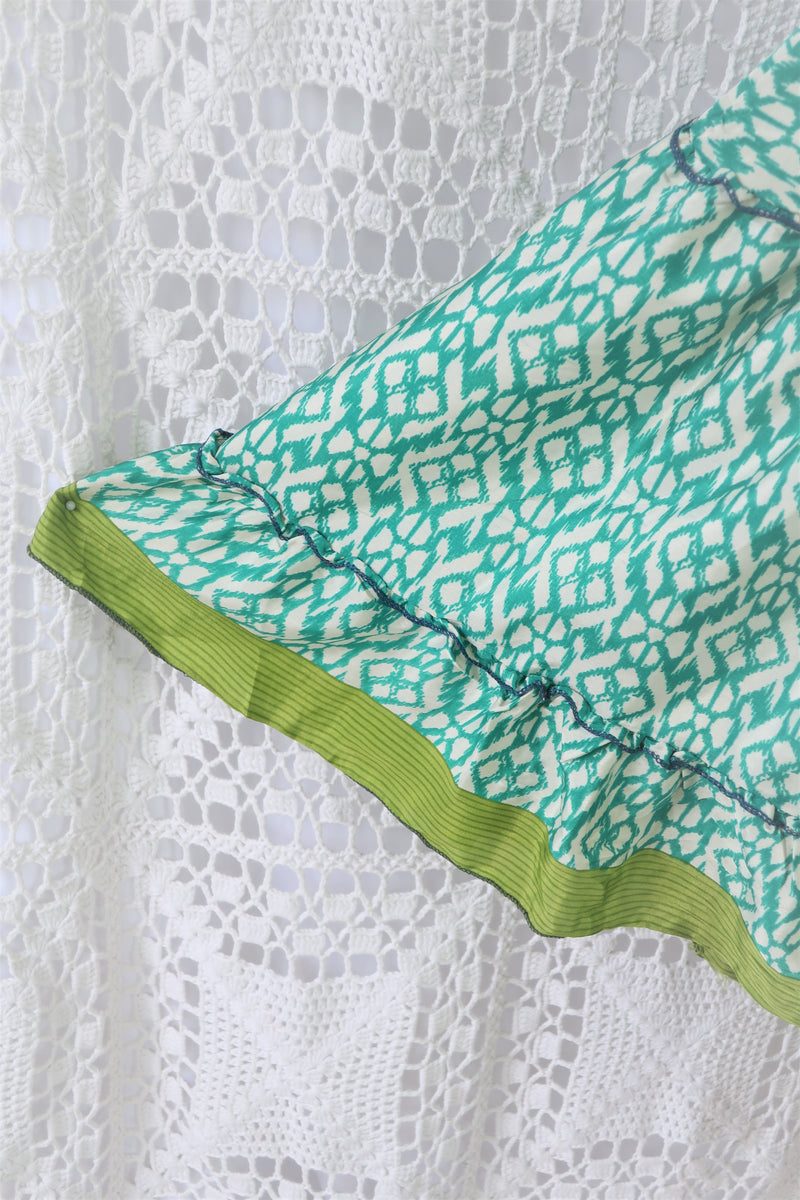Cherry Midi Dress - Vintage Indian Sari - Sea Green & Lime Tile Print - Free Size