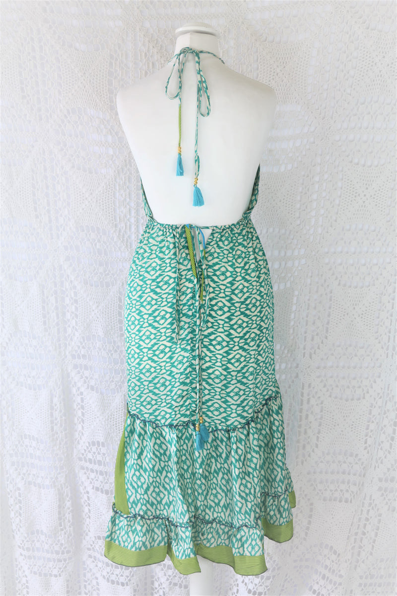 Cherry Midi Dress - Vintage Indian Sari - Sea Green & Lime Tile Print - Free Size
