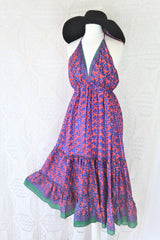 Cherry Midi Dress - Vintage Indian Sari - Deep Coral & Indigo Motif - Free Size