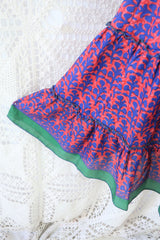 Cherry Midi Dress - Vintage Indian Sari - Deep Coral & Indigo Motif - Free Size