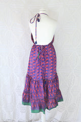 Cherry Midi Dress - Vintage Indian Sari - Deep Coral & Indigo Motif - Free Size