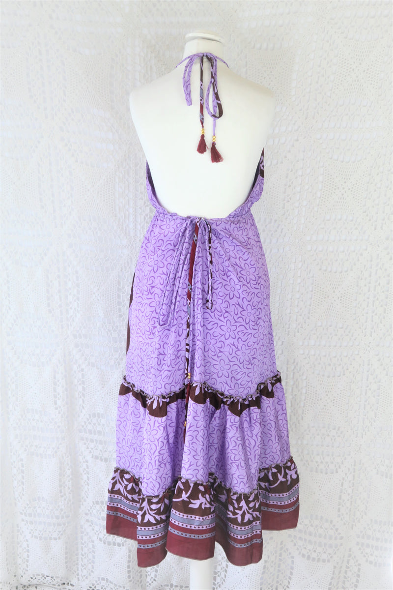 Cherry Midi Dress - Vintage Indian Sari - Lilac, Wine & Umber Bold Floral - Free Size